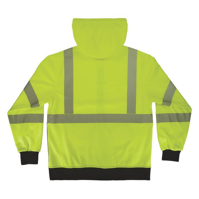 Back of lime class 3 hi-vis hooded sweatshirt with hood up