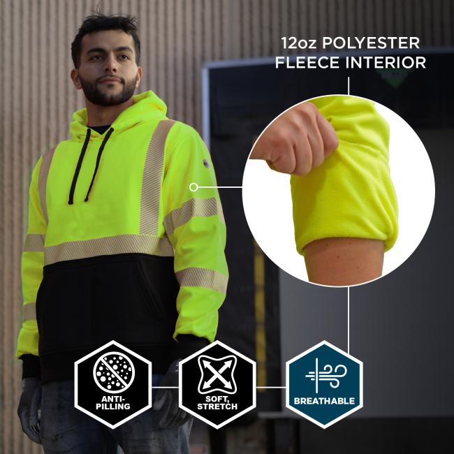 This high-performance hoodie features a 12oz polyester fleece interior that is anti-pilling, soft with stretch, and breathable—providing durability and comfort throughout the workday.