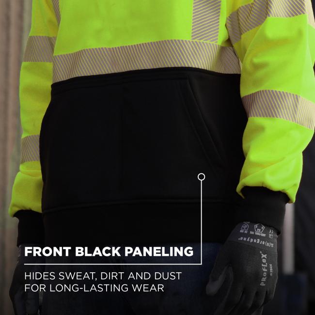 The front black paneling is designed to hide sweat, dirt, and dust for long-lasting wear, maintaining a clean look even during heavy-duty tasks.