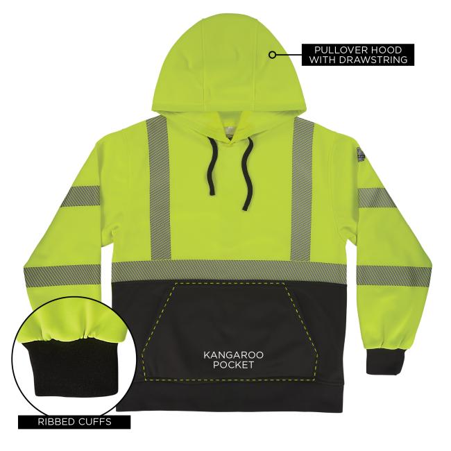 This performance hoodie is equipped with a pullover hood with drawstring, a kangaroo pocket for convenience, and ribbed cuffs for a secure fit during all-day work.