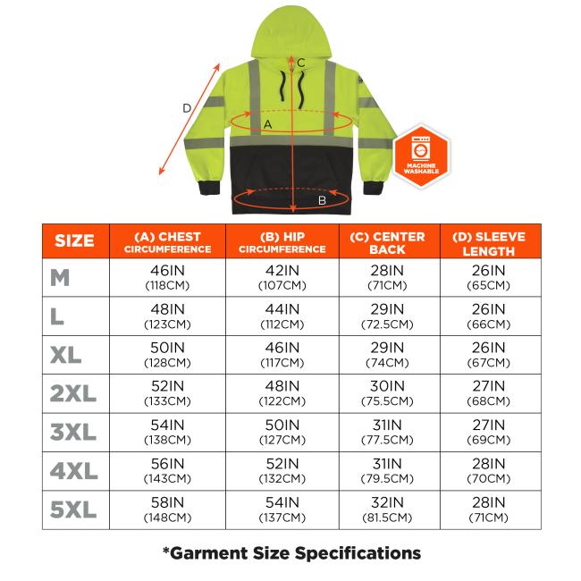 Size chart. Medium (M): Chest 46IN (118CM), Hip 42IN (107CM), Center Back 28IN (71CM), Sleeve Length 26IN (65CM). Large (L): Chest 48IN (123CM), Hip 44IN (112CM), Center Back 29IN (72.5CM), Sleeve Length 26IN (66CM). Extra Large (XL): Chest 50IN (128CM), Hip 46IN (117CM), Center Back 29IN (74CM), Sleeve Length 26IN (67CM). 2X Large (2XL): Chest 52IN (133CM), Hip 48IN (122CM), Center Back 30IN (75.5CM), Sleeve Length 27IN (68CM). 3X Large (3XL): Chest 54IN (138CM), Hip 50IN (127CM), Center Back 31IN (77.5CM)