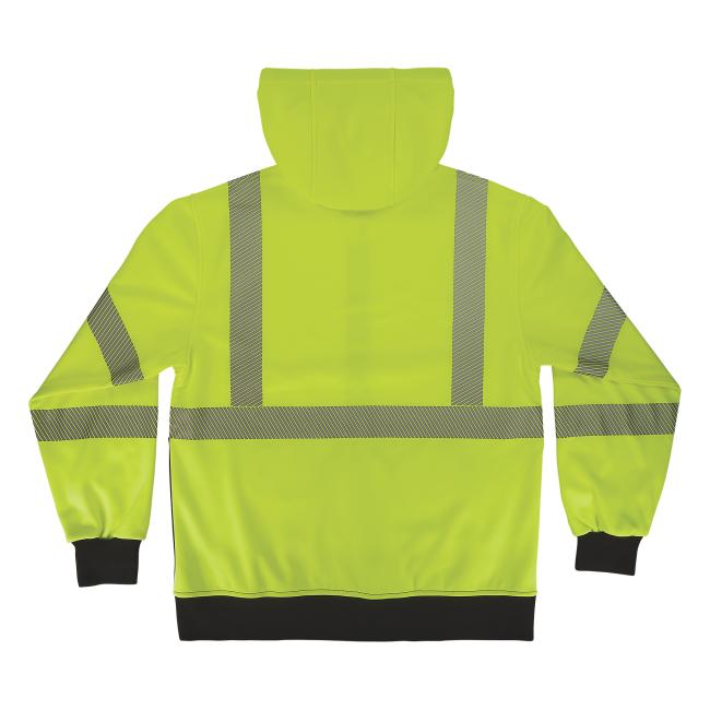 Back of lime class 3 zip-up hi-vis hoodie with hood up