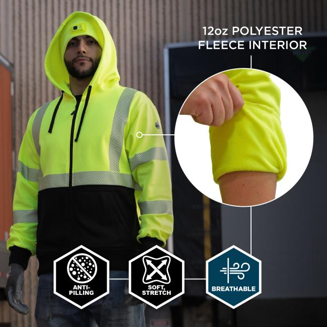 This high-performance hoodie features a 12oz polyester fleece interior that is anti-pilling, soft with stretch, and breathable—providing durability and comfort throughout the workday.
