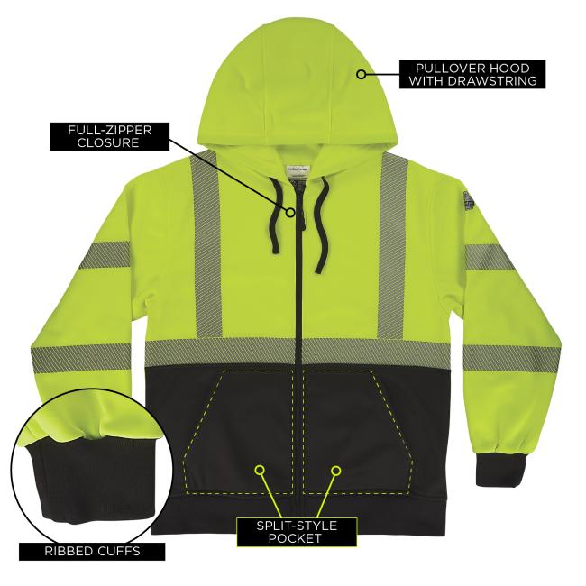 This high-visibility hoodie includes a pullover hood with drawstring, full-zipper closure, ribbed cuffs, and a split-style pocket for practical storage and all-day wearability on the job.