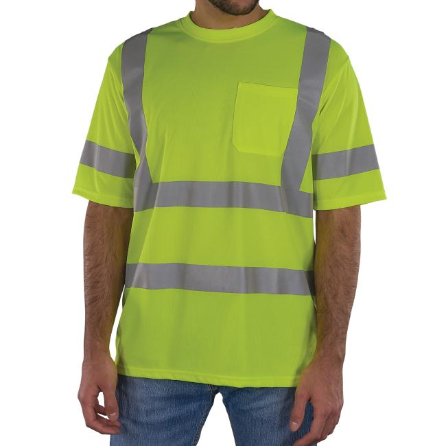 This high-visibility short sleeve t-shirt includes an exterior chest pocket and dual horizontal reflective bands across the chest and sleeves for enhanced visibility.