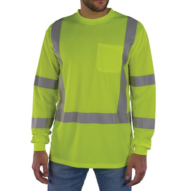 This long sleeve high-visibility t-shirt includes an exterior chest pocket and features horizontal and vertical reflective bands across the chest, back, and sleeves for optimal visibility.