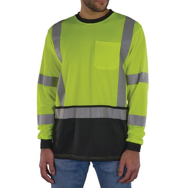 This long-sleeve high-visibility shirt features a black bottom panel, exterior chest pocket, and 2” reflective tape across the torso, shoulders, and arms for enhanced visibility.