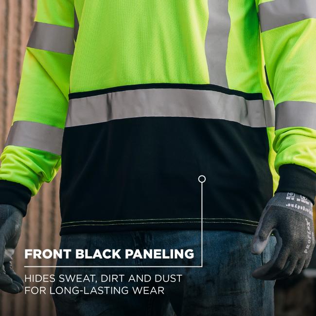 The front black paneling conceals sweat, dirt, and dust—promoting a cleaner appearance and extending the garment’s wearability.