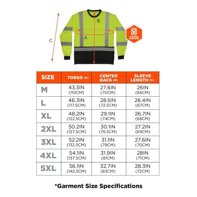 Size chart. Medium (M): Torso 43.3IN (110CM), Center Back 27.6IN (70CM), Sleeve Length 26IN (66CM). Large (L): Torso 46.3IN (117.5CM), Center Back 28.5IN (72.5CM), Sleeve Length 26.4IN (67CM). Extra Large (XL): Torso 48.2IN (122.5CM), Center Back 29.1IN (74CM), Sleeve Length 26.7IN (68CM). 2X Large (2XL): Torso 50.2IN (127.5CM), Center Back 30.1IN (76.5CM), Sleeve Length 27.2IN (69CM). 3X Large (3XL): Torso 52.2IN (132.5CM), Center Back 31.1IN (79CM), Sleeve Length 27.6IN (70CM). 4X Large (4XL): Torso 54.1I