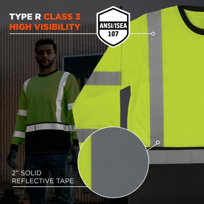 ANSI/ISEA 107 certified as Type R Class 3 for high visibility. It uses 2” solid reflective tape for increased safety in low-light environments.
