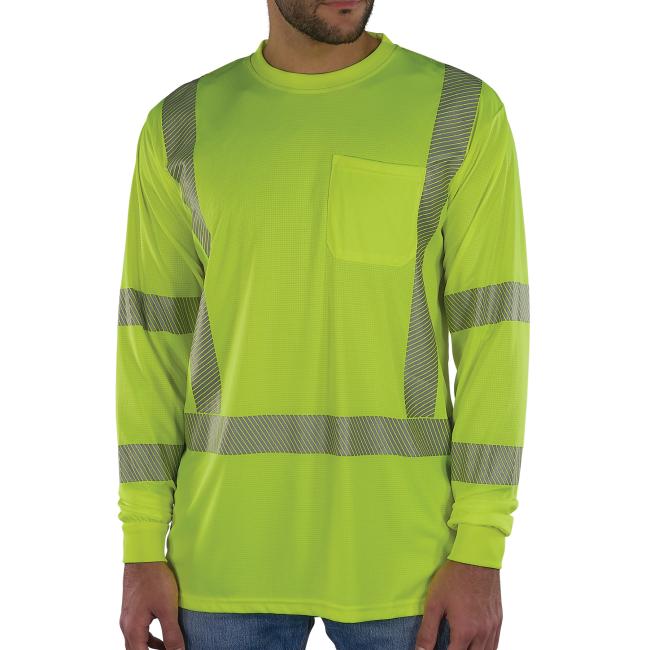 This is a high-visibility long sleeve shirt featuring segmented reflective tape on the torso and sleeves, with an exterior chest pocket for convenience.
