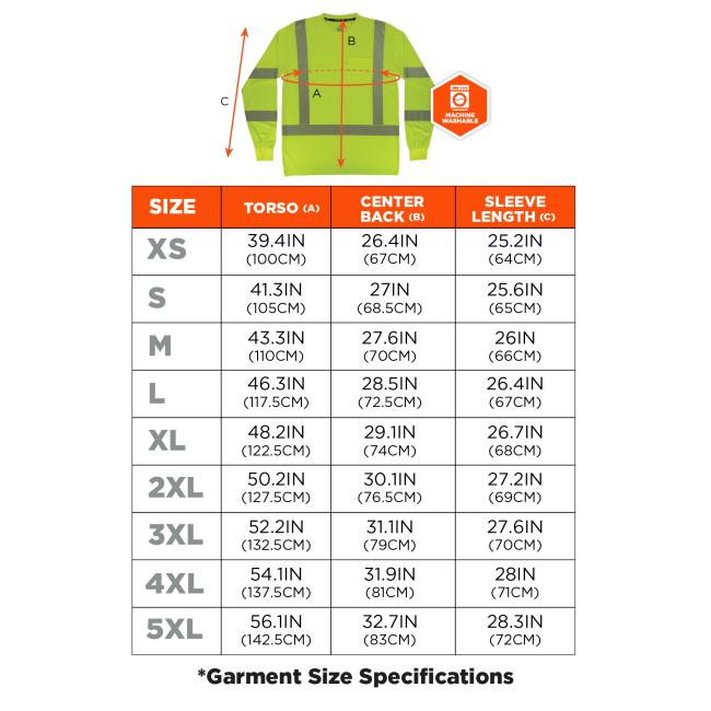 The size chart for this long sleeve shirt includes detailed garment dimensions. XS has a torso of 39.4 in (100 cm), center back of 26.4 in (67 cm), and sleeve length of 25.2 in (64 cm). S measures 41.3 in (105 cm) torso, 27 in (68.5 cm) center back, and 25.6 in (65 cm) sleeves. M is 43.3 in (110 cm) torso, 27.6 in (70 cm) center back, and 26 in (66 cm) sleeves. L is 46.3 in (117.5 cm) torso, 28.5 in (72.5 cm) center back, and 26.4 in (67 cm) sleeves. XL is 48.2 in (122.5 cm) torso, 29.1 in (74 cm) center ba