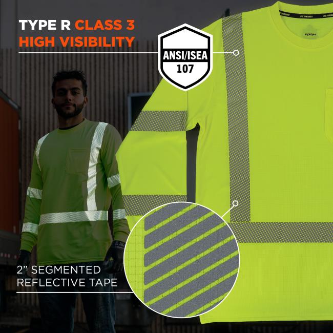 This shirt meets ANSI/ISEA 107 standards as a Type R Class 3 high-visibility garment and features 2" segmented reflective tape for enhanced visibility and safety.