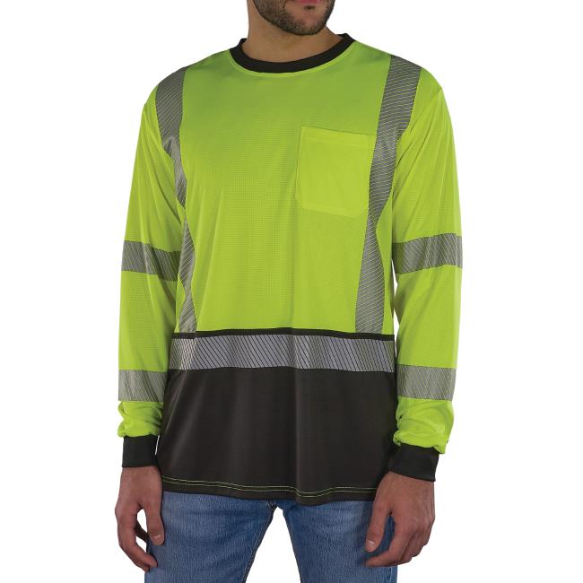 This high visibility long sleeve shirt features 2" segmented reflective tape and a chest pocket for functionality and visibility.
