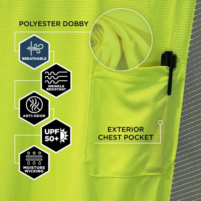 Made from polyester dobby fabric, this shirt offers breathability, wrinkle resistance, anti-odor protection, UPF 50+ sun protection, moisture wicking, and an exterior chest pocket.