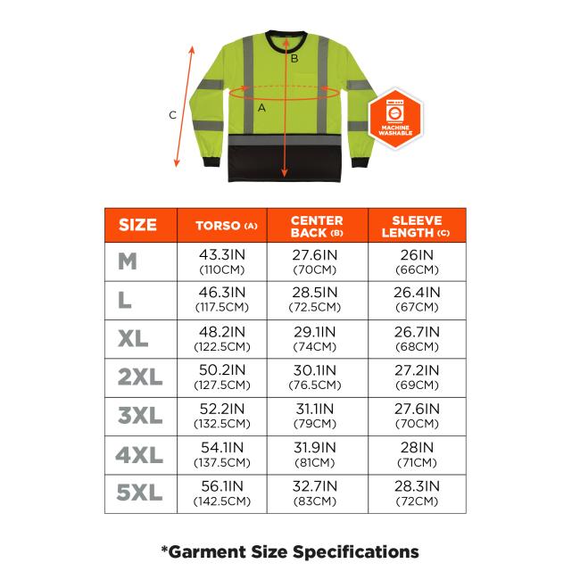 Size chart. M: Torso 43.3 in (110 cm), Center Back 27.6 in (70 cm), Sleeve Length 26 in (66 cm). L: Torso 46.3 in (117.5 cm), Center Back 28.5 in (72.5 cm), Sleeve Length 26.4 in (67 cm). XL: Torso 48.2 in (122.5 cm), Center Back 29.1 in (74 cm), Sleeve Length 26.7 in (68 cm). 2XL: Torso 50.2 in (127.5 cm), Center Back 30.1 in (76.5 cm), Sleeve Length 27.2 in (69 cm). 3XL: Torso 52.2 in (132.5 cm), Center Back 31.1 in (79 cm), Sleeve Length 27.6 in (70 cm). 4XL: Torso 54.1 in (137.5 cm), Center Back 31.9 in