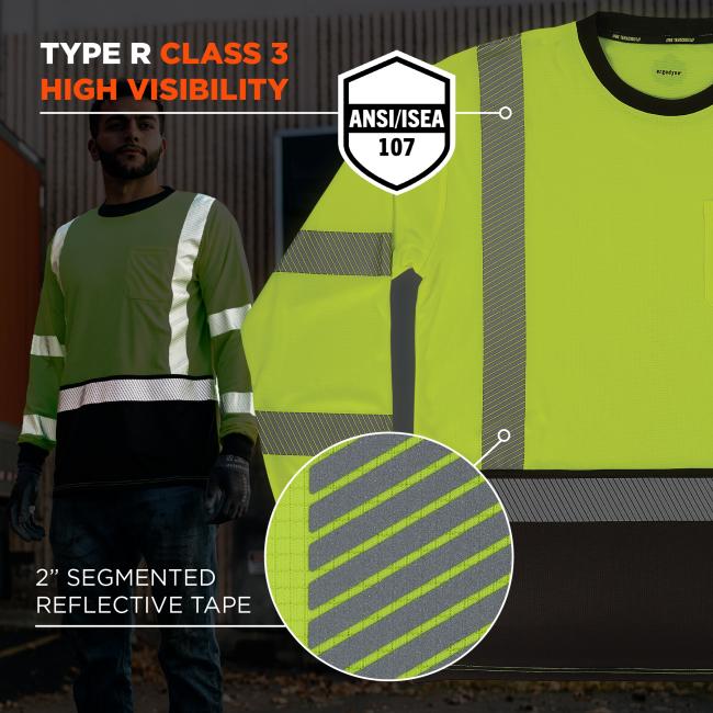 This shirt meets ANSI/ISEA 107 Type R Class 3 high visibility standards and features 2” segmented reflective tape for maximum visibility in low-light conditions.