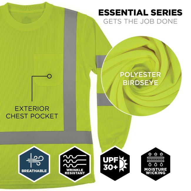 The shirt from the Essential Series is made with breathable, wrinkle-resistant polyester birdseye fabric. It features an exterior chest pocket, offers UPF 30+ sun protection, and is moisture-wicking to keep the wearer cool and dry.