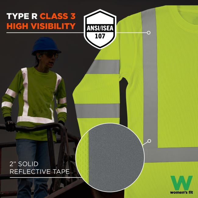 This women’s fit shirt is certified as ANSI/ISEA 107 Type R Class 3 high visibility. It is equipped with 2-inch solid reflective tape for enhanced visibility and safety.