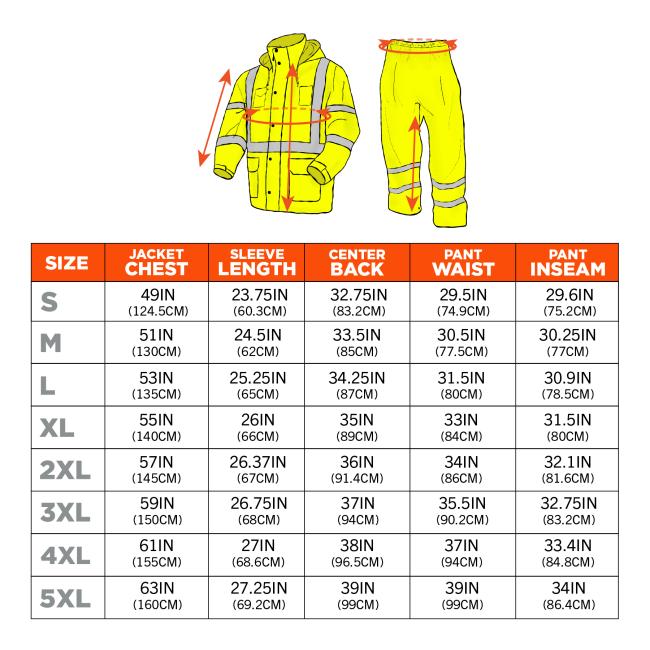 Size chart. Small S Jacket Chest 49IN 124.5CM Sleeve Length 23.75IN 60.3CM Center Back 32.75IN 83.2CM Pant Waist 29.5IN 74.9CM Pant Inseam 29.6IN 75.2CM. Medium M Jacket Chest 51IN 130CM Sleeve Length 24.5IN 62CM Center Back 33.5IN 85CM Pant Waist 30.5IN 77.5CM Pant Inseam 30.25IN 77CM. Large L Jacket Chest 53IN 135CM Sleeve Length 25.25IN 65CM Center Back 34.25IN 87CM Pant Waist 31.5IN 80CM Pant Inseam 30.9IN 78.5CM. Extra Large XL Jacket Chest 55IN 140CM Sleeve Length 26IN 66CM Center Back 35IN 89CM Pant 