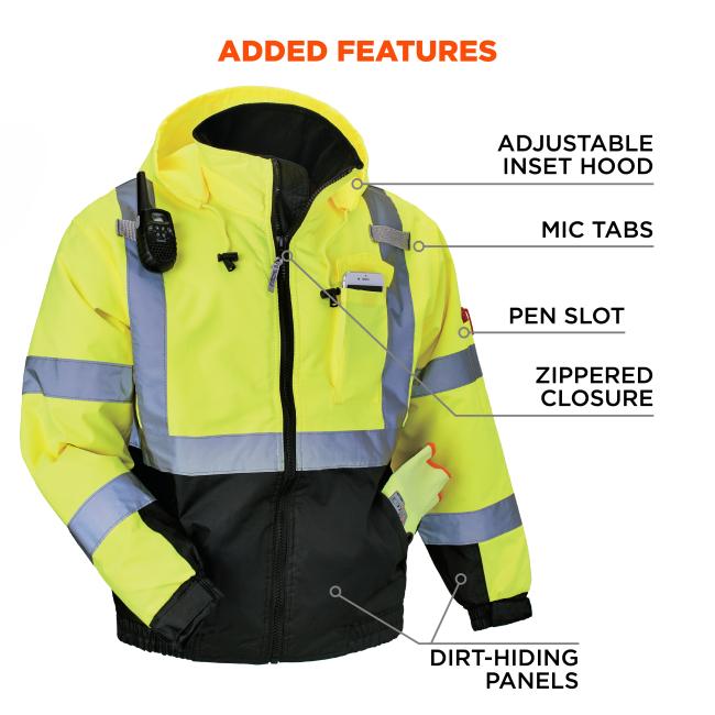 Added features: adjustable inset hood, mic tabs, pen slot, zippered closure and dirt hiding panels