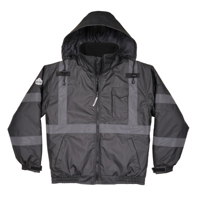 Front view of enhanced visibility reflective winter bomber jacket