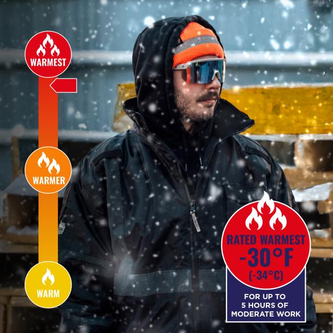 Jacket is rated warmest to -30 degrees fahrenheit or -34 degrees celsius for up to 5 hours of moderate work.