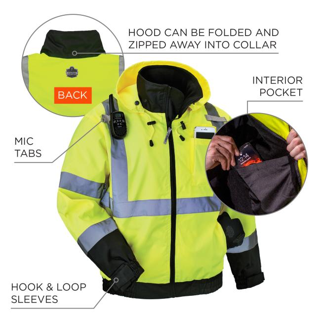 Jacket features a hood that can be folded and zipped away into collar, mic tabs, interior pocket, and hook and loop sleeves.