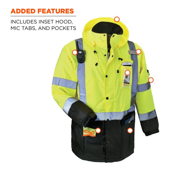 Added features. Includes inset hood, mic tabs, and pockets.