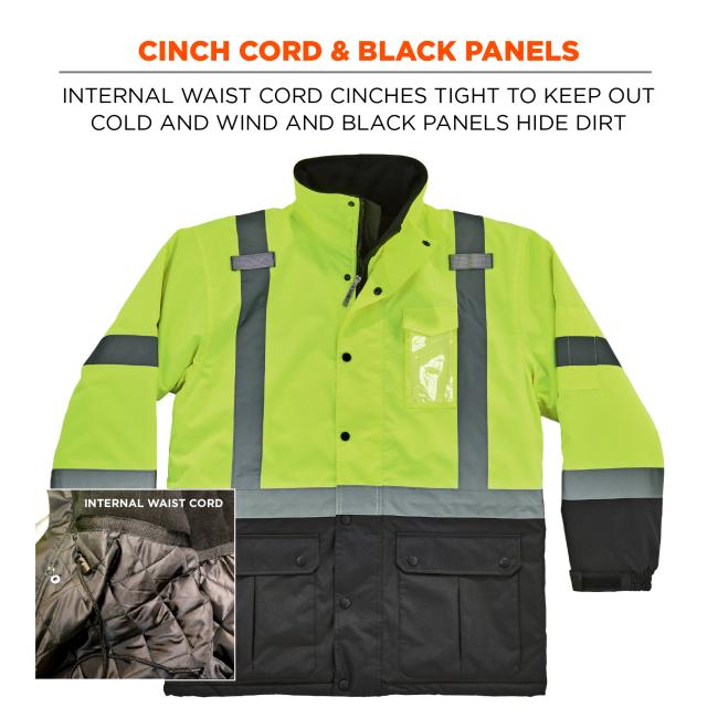 Cinch cord and black panels. Internal waist cord cinches tight to keep out cold and wind, and black panels hide dirt.