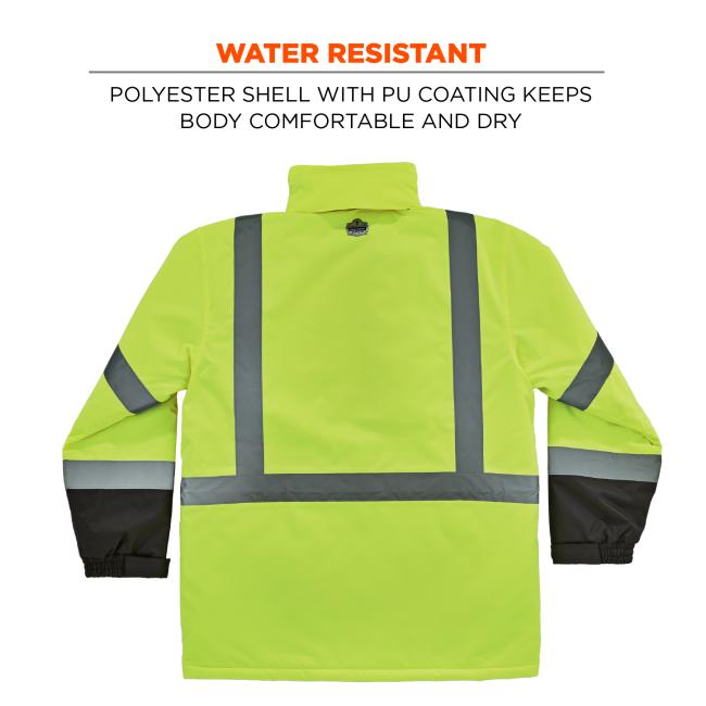Water resistant: polyester shell with PU coating keeps body comfortable and dry.