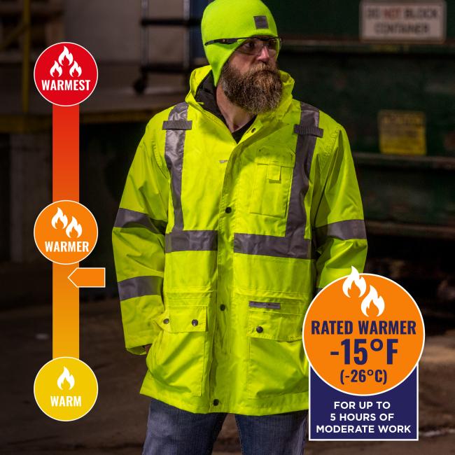 Jacket is rated warmer to -15 degrees fahrenheit or -26 degrees celsius for up to 5 hours of moderate work.