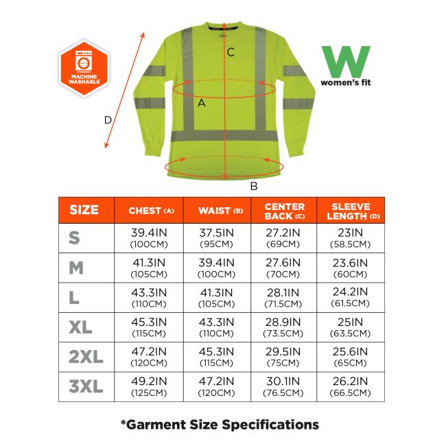 Size chart. Size S: Chest 39.4 in (100 cm), Waist 37.5 in (95 cm), Center Back 27.2 in (69 cm), Sleeve Length 23 in (58.5 cm). Size M: Chest 41.3 in (105 cm), Waist 39.4 in (100 cm), Center Back 27.6 in (70 cm), Sleeve Length 23.6 in (60 cm). Size L: Chest 43.3 in (110 cm), Waist 41.3 in (105 cm), Center Back 28.1 in (71.5 cm), Sleeve Length 24.2 in (61.5 cm). Size XL: Chest 45.3 in (115 cm), Waist 43.3 in (110 cm), Center Back 28.9 in (73.5 cm), Sleeve Length 25 in (63.5 cm). Size 2XL: Chest 47.2 in (120 c