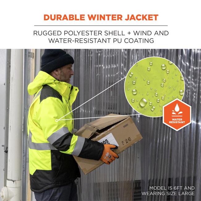 Durable Winter Jacket: Rugged polyester shell and wind and water-resistant pu coating. Model is 6 feet and wearing size large.