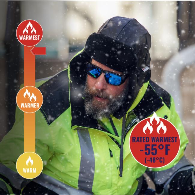 Jacket is rated warmest to -55 degrees fahrenheit or -48 degrees celsius.