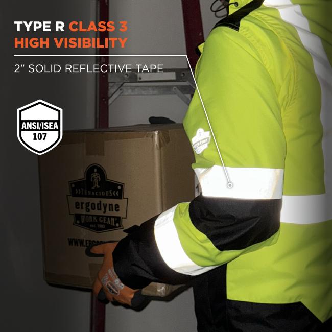 Type R Class 3 high visibility. 2inch solid reflective tape. Compliant to ANSI/ISEA 107 standards