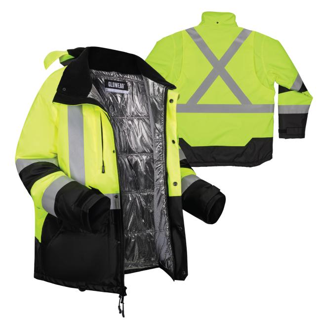 Neon yellow and black high-visibility jacket with reflective X on back, reflective sleeve stripes, black collar, and open metallic insulated lining.