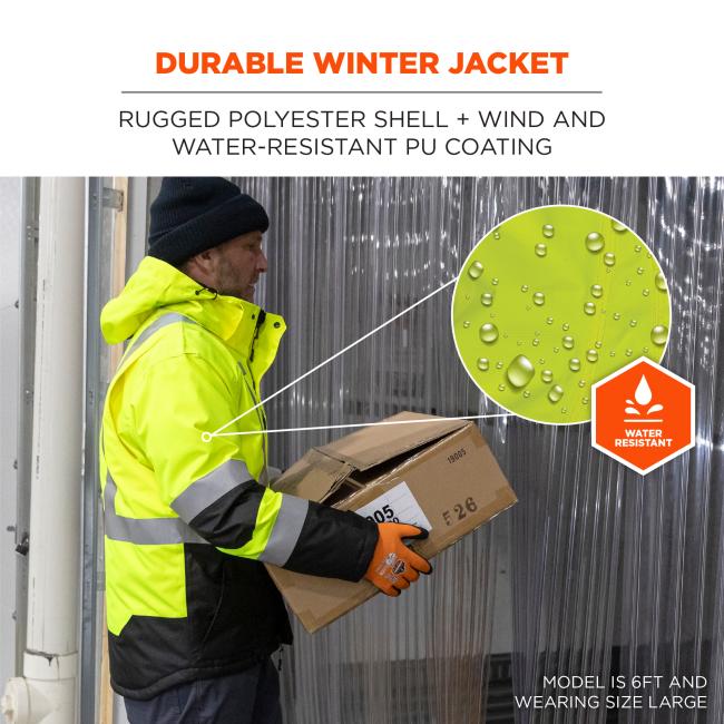 Person in neon yellow hi-vis winter jacket with hood and reflective stripes, wearing orange gloves and holding boxes; inset shows water droplets.