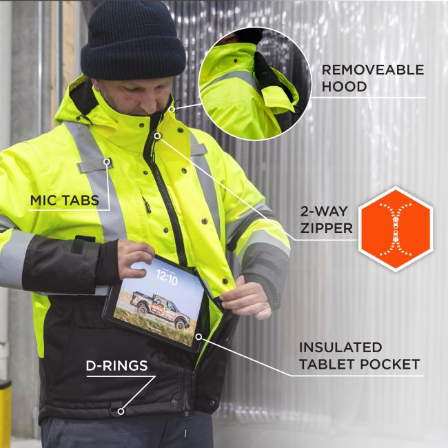 Person wearing high-visibility yellow jacket with reflective stripes holding a tablet; callouts show removable hood and 2-way zipper.