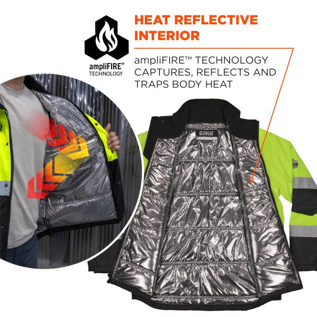 Neon yellow work jacket opened to show silver, heat-reflective quilted interior lining; partial person holding jacket and flame logo and heading above.