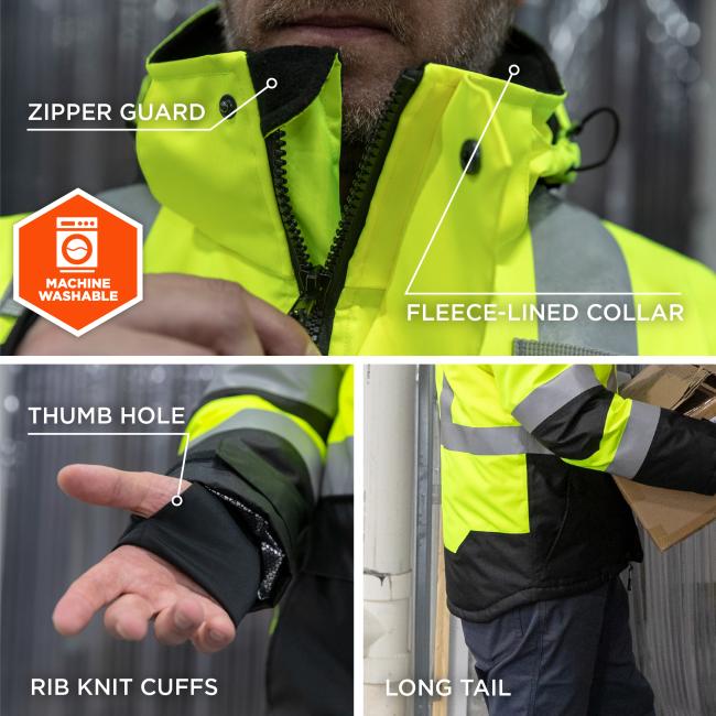 Close-up collage of a person wearing a high-visibility yellow jacket: fleece-lined collar with zipper guard, thumb-hole rib knit cuff, reflective stripes, wash icon.