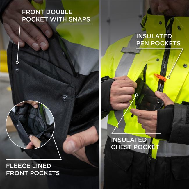 Close-up of neon yellow jacket with gray reflective stripes; black fleece-lined pocket, hands holding phone and orange pen clipped to chest.