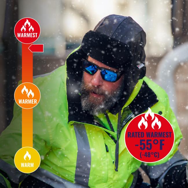Bearded man wearing neon green high-visibility jacket, black fur-lined hat and blue mirrored sunglasses in falling snow; circular warm-rating badges at left