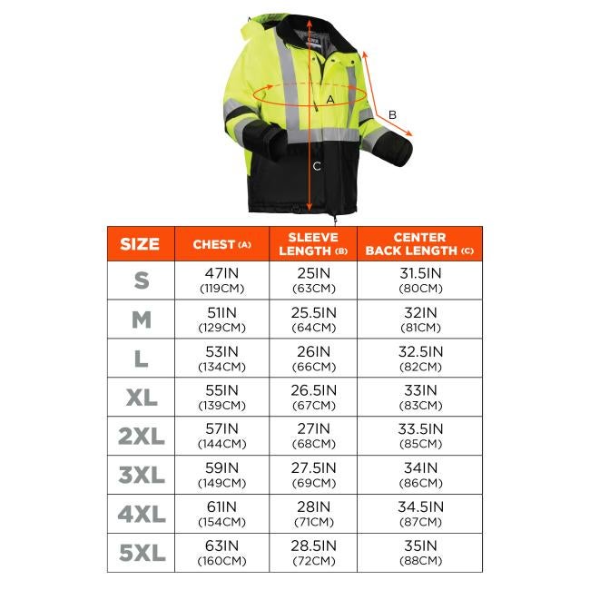 Yellow and black high-visibility jacket with silver reflective stripes and orange measurement arrows labeled A B C above a size chart.