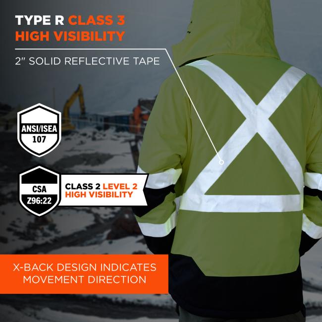 Back view of person in lime high-visibility jacket with white reflective X and waist stripe, hood up, blurred construction site background