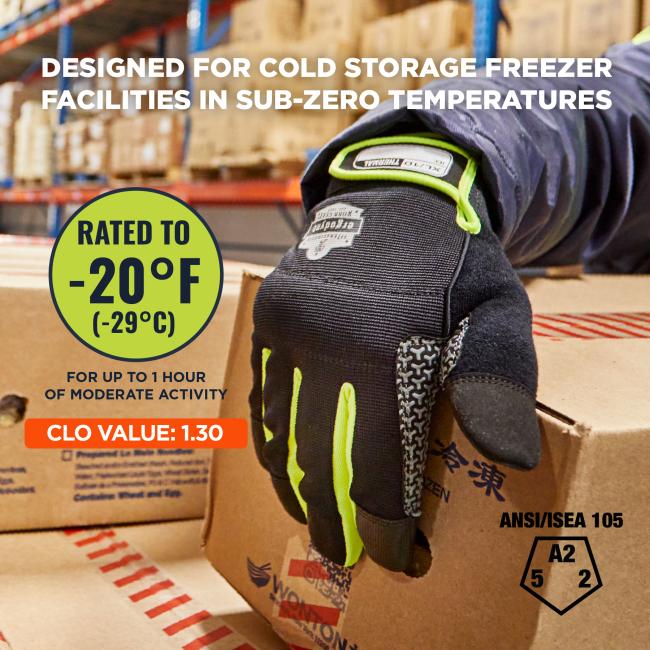 Designed for cold storage freezer facilities in sub-zero temperatures. Rated to -20 degrees fahrenheit or -29 degrees Celsius for up to 1 hours of moderate acitivity. CLO value of 1.30. ANSI ISEA 105 rated.