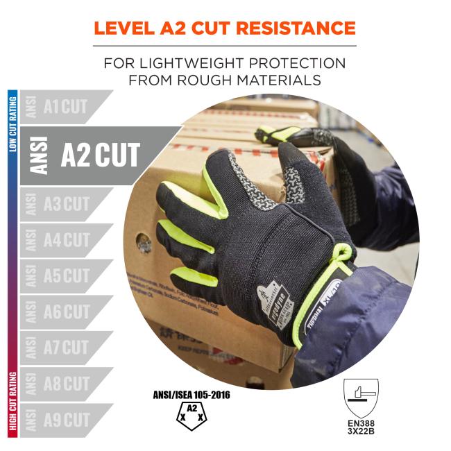 Level A2 Cut Resistance: For lightweight protection from rough materials. Gloves are compliant to ANSI/ISEA 105 and EN388 3X22B safety standards.