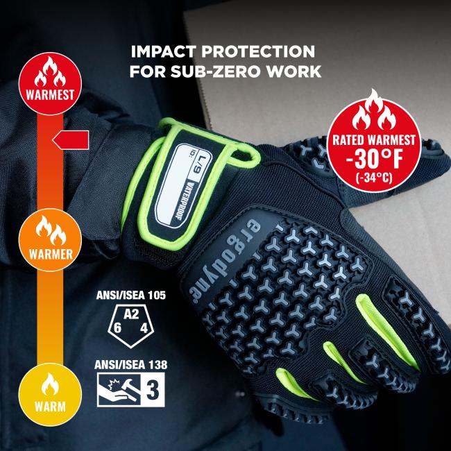 Black work gloves with neon-green trim and textured rubber grips, with circular warmth icons and 'IMPACT PROTECTION FOR SUB-ZERO WORK' text.