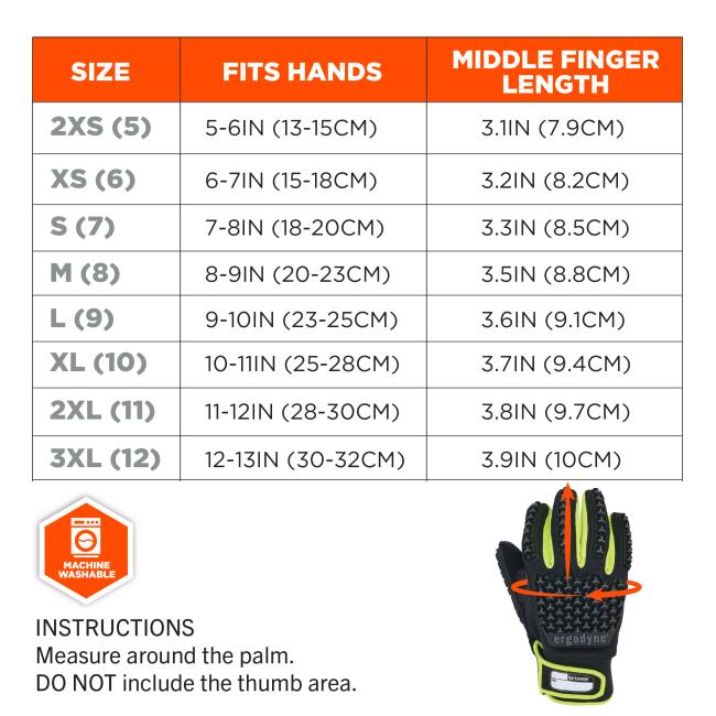 Glove size chart with sizes and measurements, and a black neon-green glove on right with orange arrows showing finger length and palm circumference