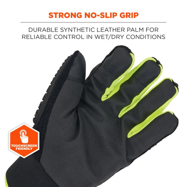 Black glove with neon green fingertip accents and textured no-slip palm; partial orange 'touchscreen friendly' badge visible.
